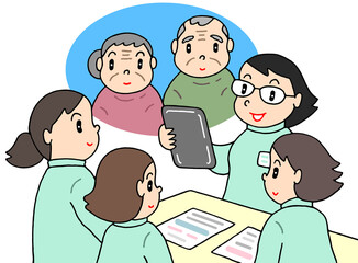 介護のイラスト - ナーススーテーション・訪問看護師・打ち合わせ・連絡事項