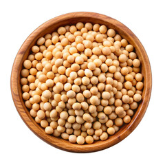 Soy beans seeds on wooden bowl top view isolated on transparent background