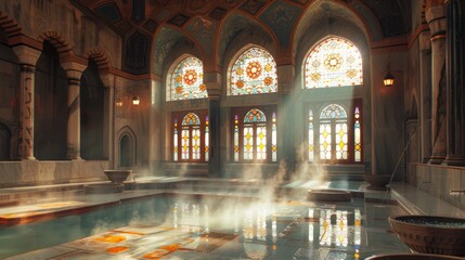 Obraz premium A Pool of Water in the Middle of a Room Filled With Stained Glass Windows - Generative AI