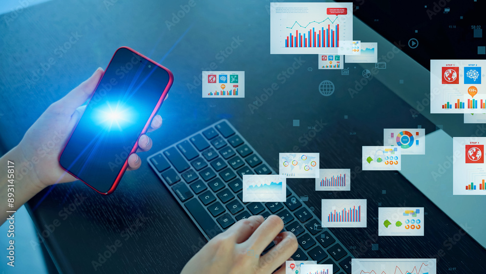 Poster A woman using computer and smart phone in office and digital documents concept.