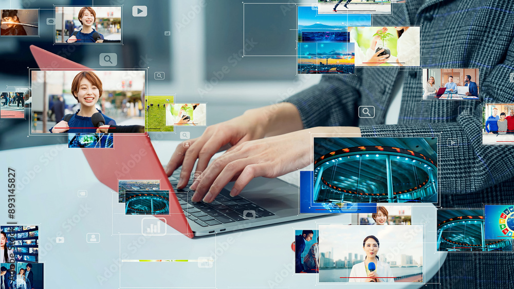 Poster video editing concept with engineer working on pc in office.