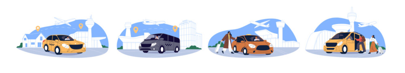 Airport transfer service set. Car and van taxi, transport meeting tourists at terminal after airplane arrival. Drivers picking up arriving people. Flat vector illustration isolated on white background © Good Studio