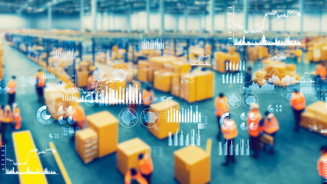 Futuristic warehouse and statistics data concept.