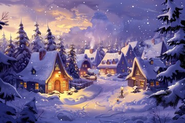 Fototapeta premium Snowy Village with a Cozy Cabin