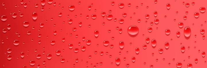 Condensation water drop on bright red background. Vector realistic set of aqua liquid flows. Rain drops on glass effect.