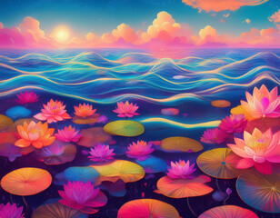 Waves with Floating Lotus Flowers