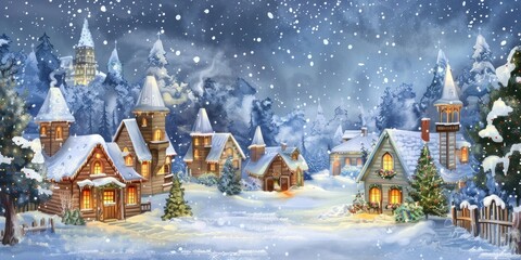 Fototapeta premium Snow-Covered Christmas Village Under a Starry Sky
