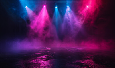 Photo of an empty stage with colorful spotlights and smoke, with pink, purple and red lights, on a black background