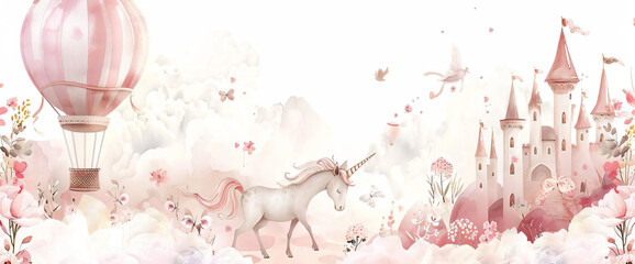 Unicorn, Hot Air Balloon and Castle in a Dreamlike Landscape.