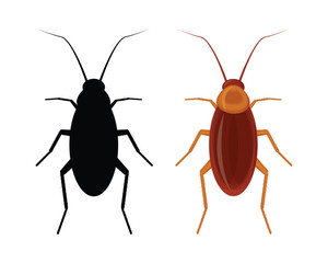 Cockroach view from above. The image of a cockroach in the form of a silhouette and in a cartoon style. Vector illustration.
