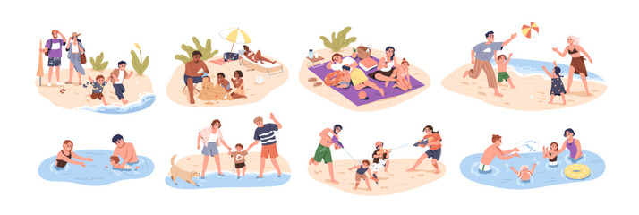 Family activities, beach vacation. Happy parents, children at sea resort on summer holiday travel. Mother, father, kids, active fun and recreation Flat vector illustration isolated on white background