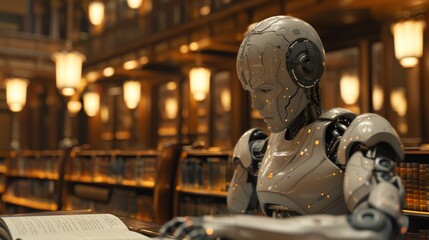 A Robot Sitting at a Table Reading a Book in Front of a Bookshelf - Generative AI