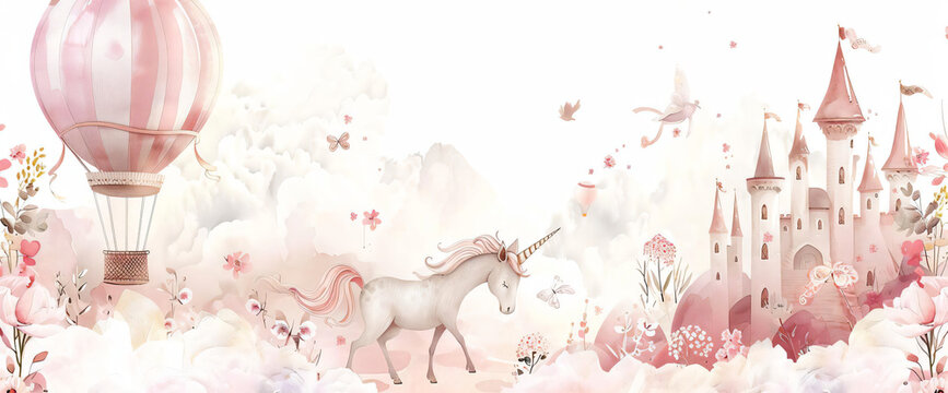 Fototapeta Unicorn, Hot Air Balloon and Castle in a Dreamlike Landscape.
