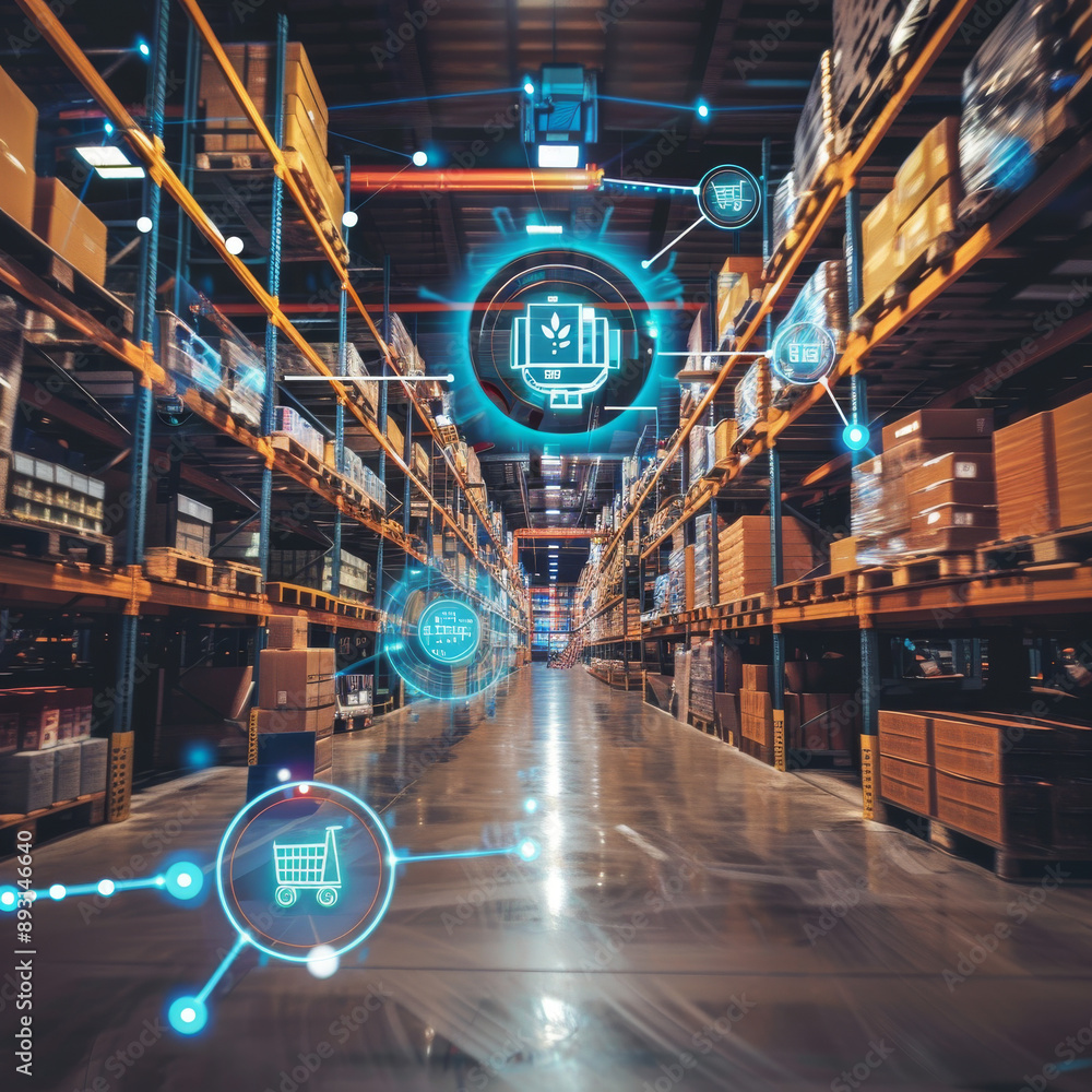 Poster digital and visual tech in warehouses uses cameras, sensors and data to track and analyze inventory,