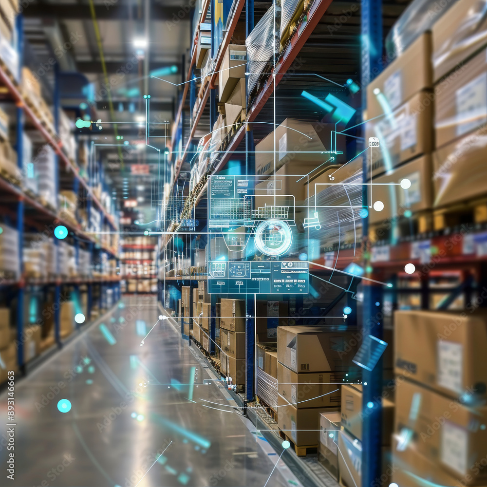 Poster digital and visual tech in warehouses uses cameras, sensors and data to track and analyze inventory,