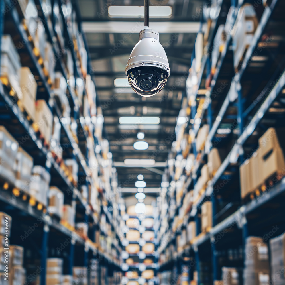 Poster digital and visual tech in warehouses uses cameras, sensors and data to track and analyze inventory,
