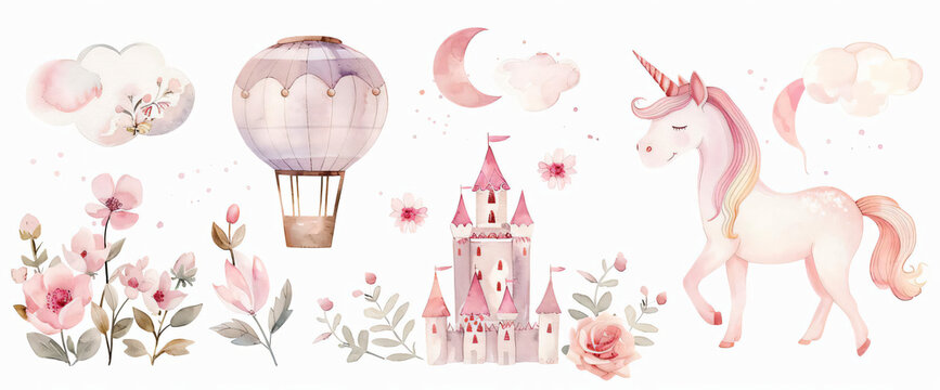 Pink Watercolor Unicorn, Castle, Hot Air Balloon and Flowers Illustration.