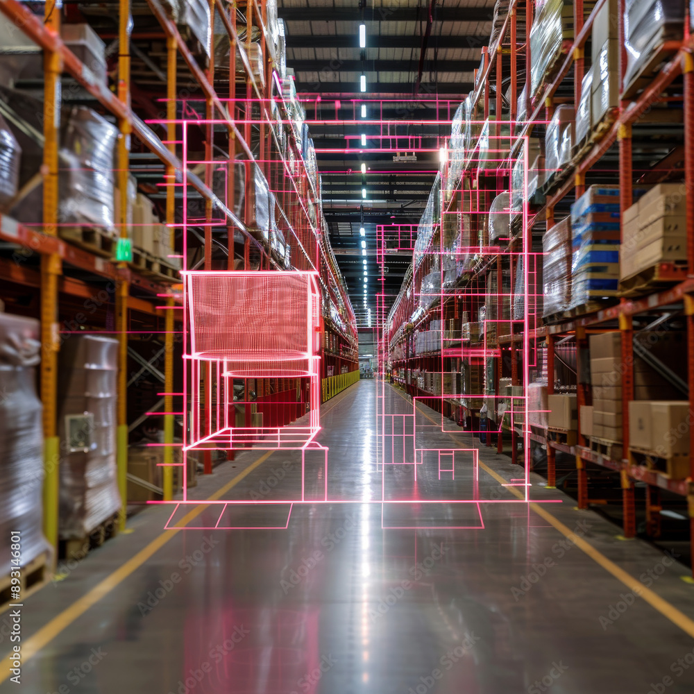 Poster Digital and visual tech in warehouses uses cameras, sensors and data to track and analyze inventory, making logistics and distribution more efficient.