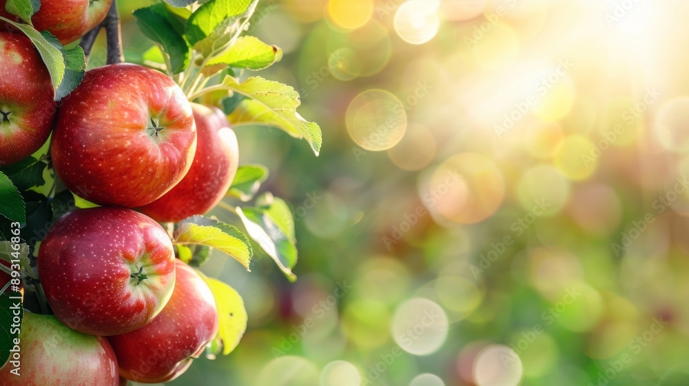 Poster a bunch of red apples hanging from a tree