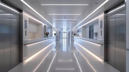 A Long Hallway With White Walls and Silver Elevators at the End of It - Generative AI