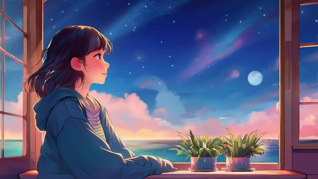 窓辺で空を見つめる少女