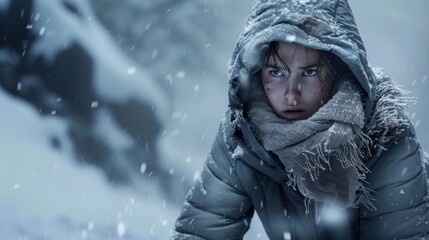 Survival theme: Girl in winter gear, snowy mountain, intense expression, frostbite, snow boots, rugged terrain, dramatic lighting, cinematic composition.