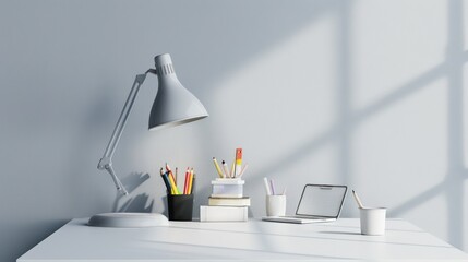 A minimalist home office interior with a stylish desk, sleek lamp, and essential school supplies