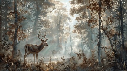 An elegant painting of a graceful deer standing in a misty forest, beautifully depicted on the surface of glass. 
