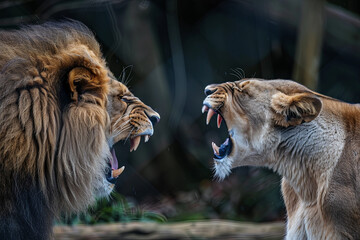 Fototapeta premium Close-up of a Lion and Lioness roaring at each other