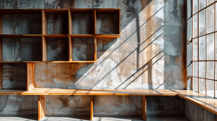 Minimalist market shelf with wooden partitions, natural light illuminating its rustic presentation