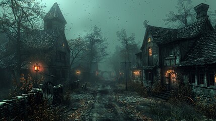 Haunted village with eerie lights and shadows