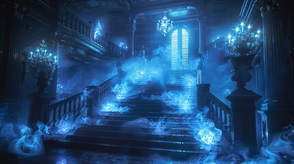 Haunted mansion with ghostly apparitions and eerie lights