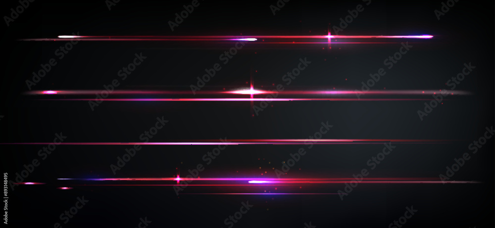 Poster neon red light lines glowing on black background. vector realistic illustration of horizontal laser 