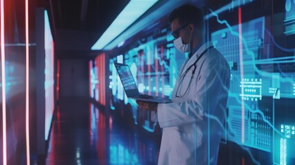 Futuristic doctor using laptop, telemedicine theme, virtual backdrop, copy space.