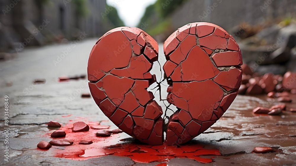 Poster a broken heart is symbolized by a red stone heart that has been smashed into a fissure in the concre