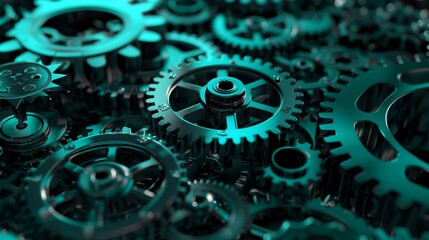 Elegant digital tech background with teal gears & cogs on black for modern industrial solutions, high resolution, perfect for 32k & full ultra HD