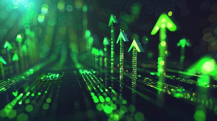 Investment concept with green arrows emerging from a digital grid