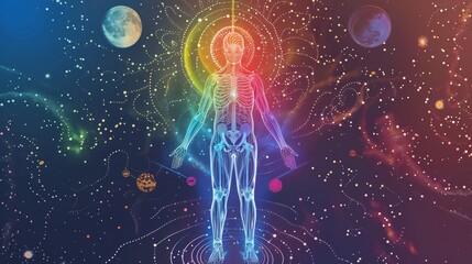 Spiritual evolution depicted with chakras, planets, and stars in esoteric full-body artwork.