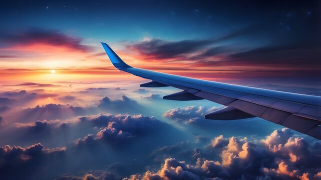 look from the window of an airplane, a blue sky at night with the moon and stars above the clouds, an airplane wing on the right side of the frame, a vibrant sunset in the backdrop, and a realistic ph