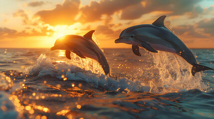 Two Dolphins Jumping at Sunset Realistic Image