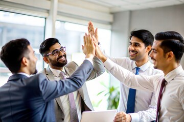"Indian Team Celebrating Success with High-Fives in Office" – Colleagues celebrating a business achievement together.
