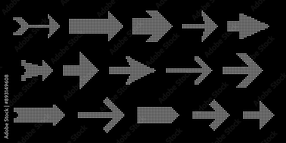 Poster dotted arrows set. collection of direction cursors made with dots
