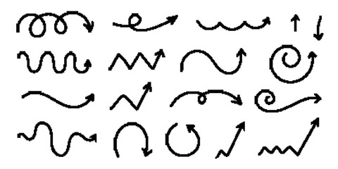 Doodle arrows set. Pixel brush black arrow