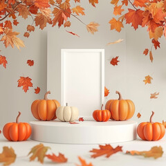 Fall into style with this empty podium. It's surrounded by leaves and pumpkins that will make your event feel like a cozy autumn day. Use the podium to display your favorite products or photos.
