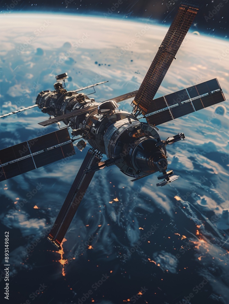 Poster high-quality digital art of a space station orbiting earth in 3d, with realistic visualization in go