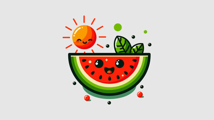 Cute Watermelon with Leaves and Sunrise. This delightful design features a cute watermelon with leaves and a sunrise. Perfect for summer themes, it adds a touch of joy and freshness to your projects