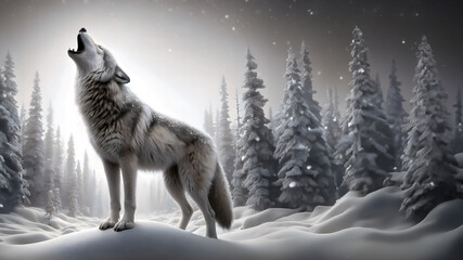 Fototapeta premium Howling wolf in winter against the background of snow in a forest