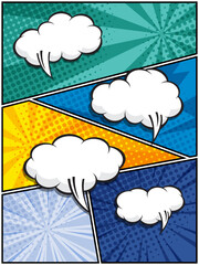 comic speech bubbles in white clouds on a vibrant pop art background