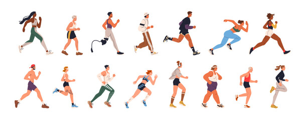 Jogging and running people set. Diverse active healthy characters, sport and cardio exercise. Old and young runners, joggers, sports activity. Flat vector illustration isolated on white background © Good Studio