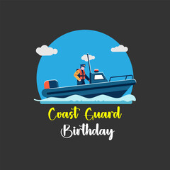 Flat Design Coast Guard Speed Boat Illustration. This flat design illustration features a simple coast guard on a speed boat, perfect for a coast guard themed birthday celebration. Bright and cheerful
